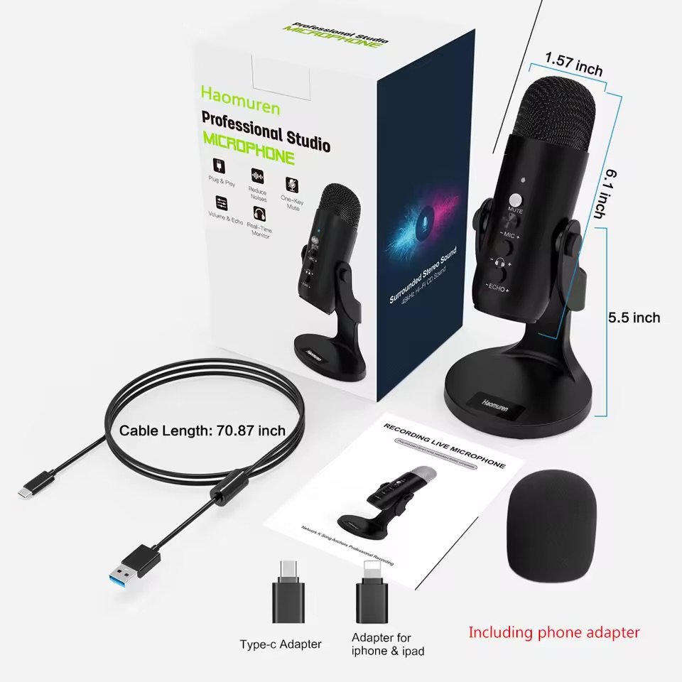 USB Microphone for PC Mac Gaming Recording Stream Podcast, Computer Condenser Mic with Phone Adapter Headphone Output - Image 6