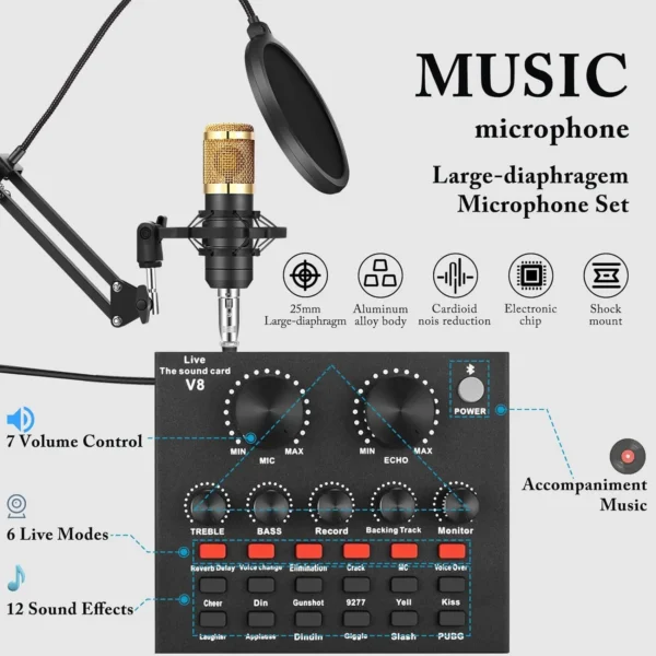 Live Sound Card V8 Audio Mixer with Speech Converter Microphone Suite Compatible with DJ Games Tiktok Youtube Live Sound Card - Image 4